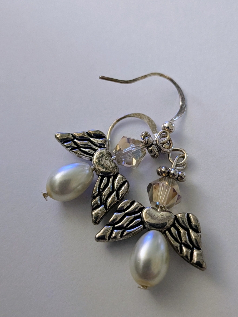 Pearl Teardrop Angel Wing Earrings - Silver and White